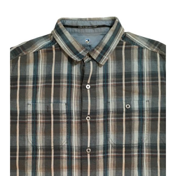 Kuhl Men's Button Front Shirt Blue/Gray Plaid Double Pockets Linen/Cotton L euc - Picture 2 of 5